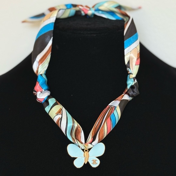 Multicolor Silk Scarf Necklace with stamped Butterfly Pendant - Picture 1 of 3